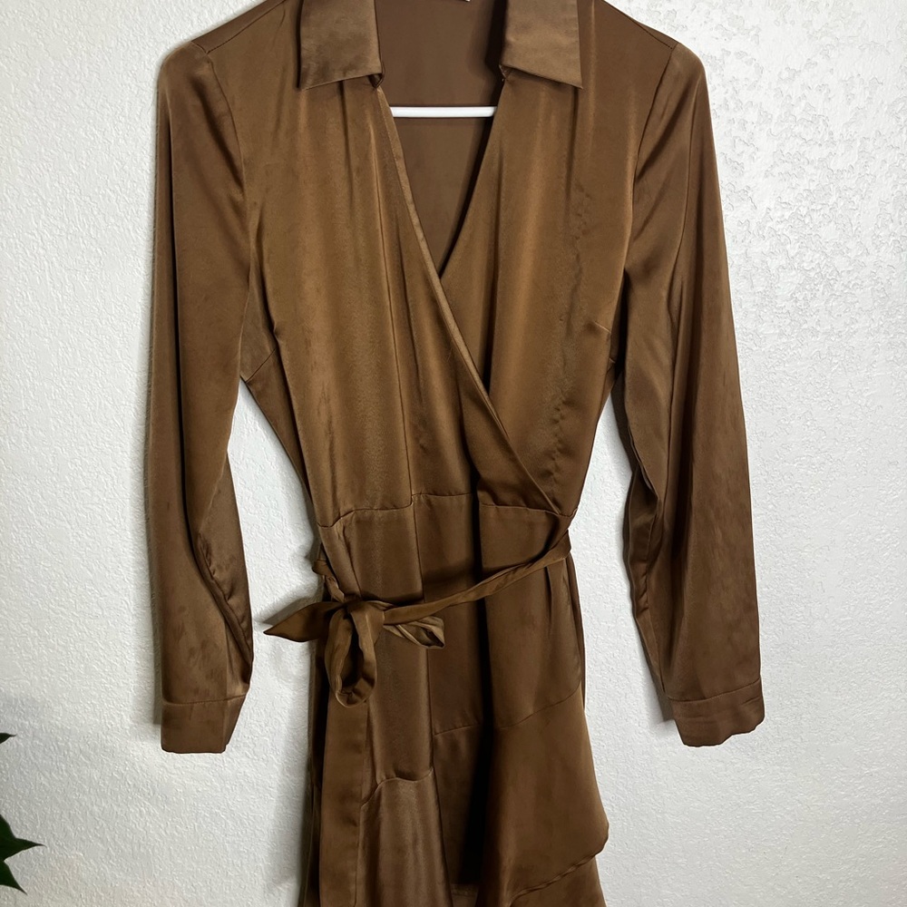 Dex Tan Collared Satin Dress